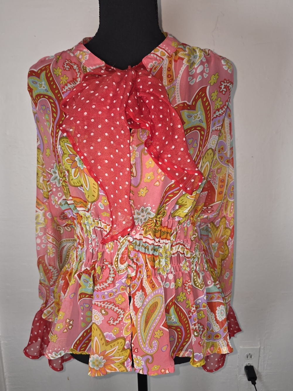 Antilia Femme Pink Paisley Tie-Neck Peplum Blouse